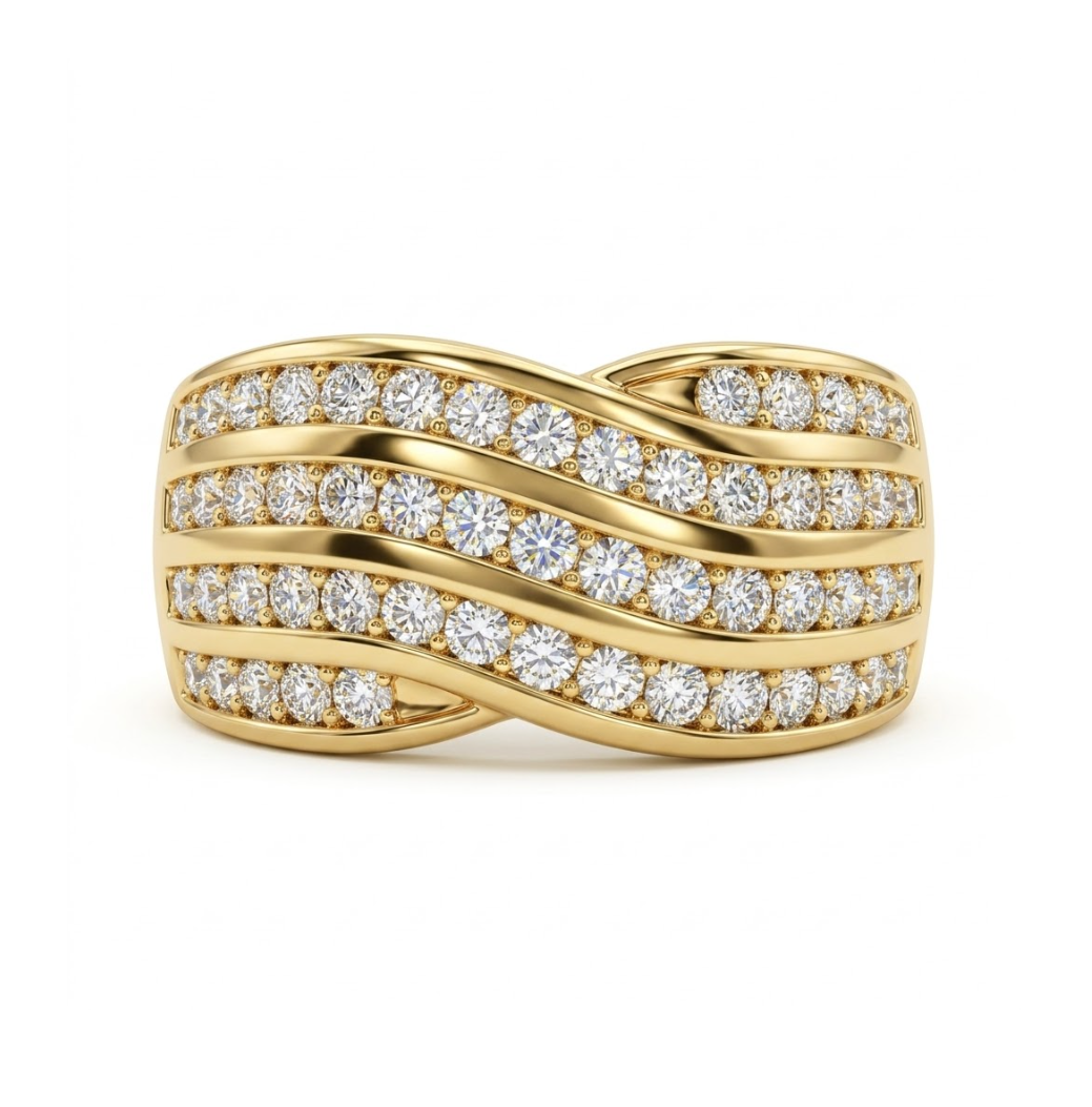 Round Diamond Multi-Row Band | 10K Yellow Gold | 1.00 ctw | Five-Row Pavé Wave Statement Ring - Brownee Jewelers
