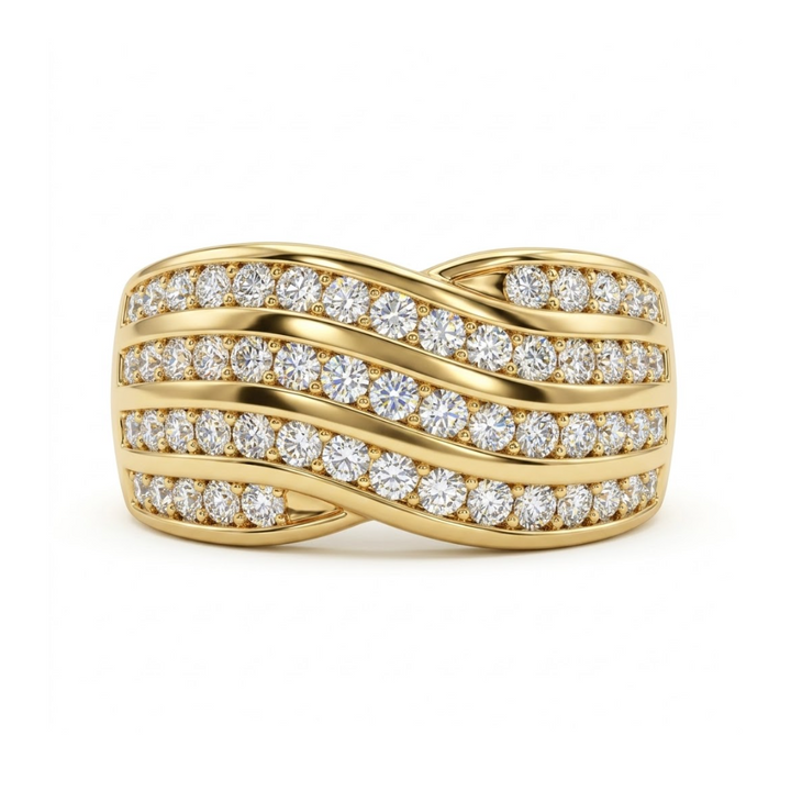 Round Diamond Multi-Row Band | 10K Yellow Gold | 1.00 ctw | Five-Row Pavé Wave Statement Ring - Brownee Jewelers