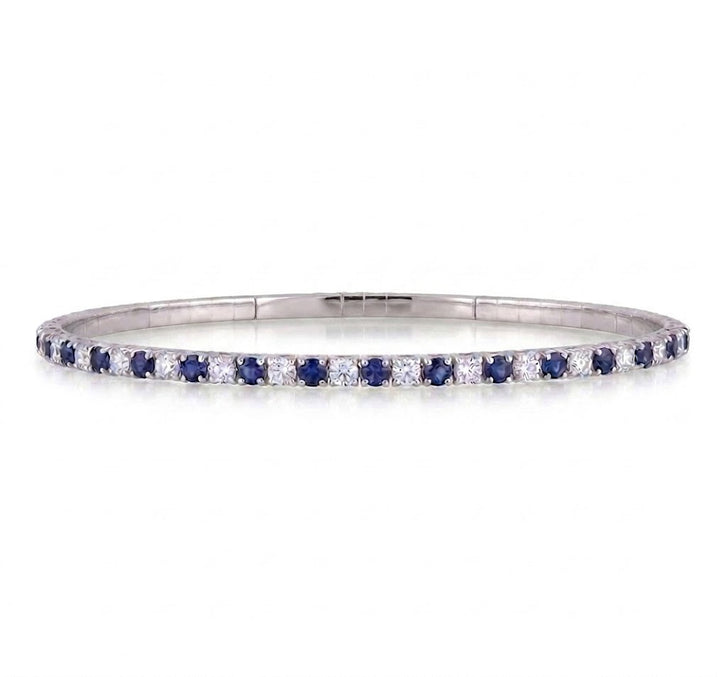 Diamond & Blue Sapphire Flexible Bangle Bracelet | 14K White Gold | .85 CTW Gemstones | Alternating Sapphire & Diamond Design | BDR0018_SAP-313 - Brownee Jewelers