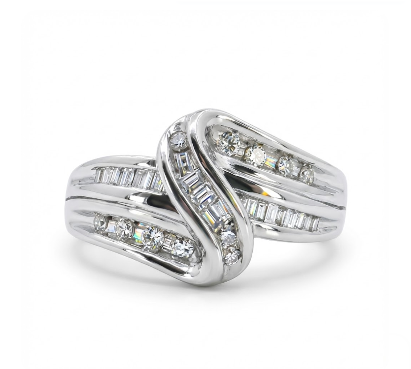 Round & Baguette Diamond Crossover Ring | 14K White Gold | 0.50 ctw | Crisscross Band - Brownee Jewelers