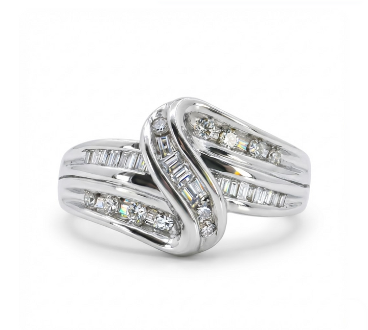 Round & Baguette Diamond Crossover Ring | 14K White Gold | 0.50 ctw | Crisscross Band - Brownee Jewelers