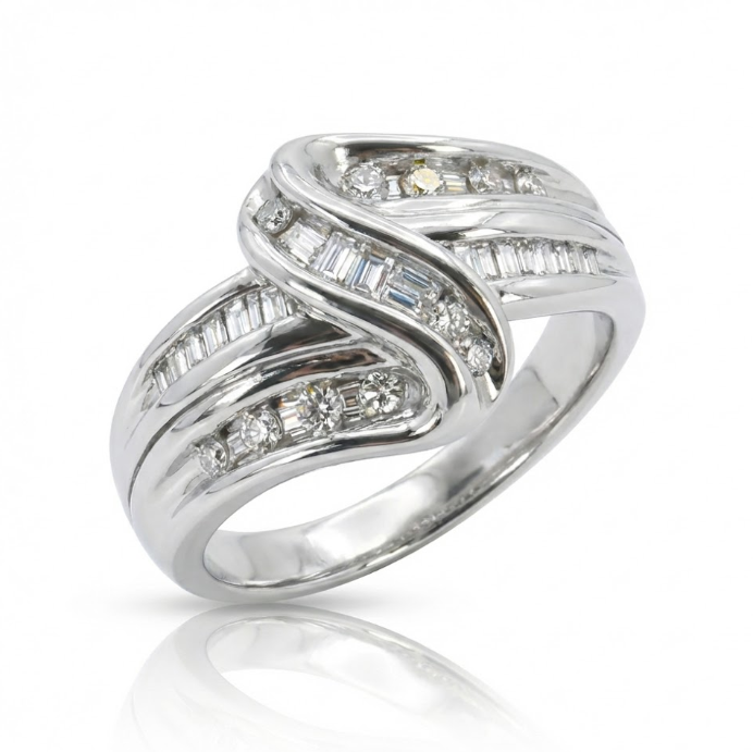 Round & Baguette Diamond Crossover Ring | 14K White Gold | 0.50 ctw | Crisscross Band - Brownee Jewelers