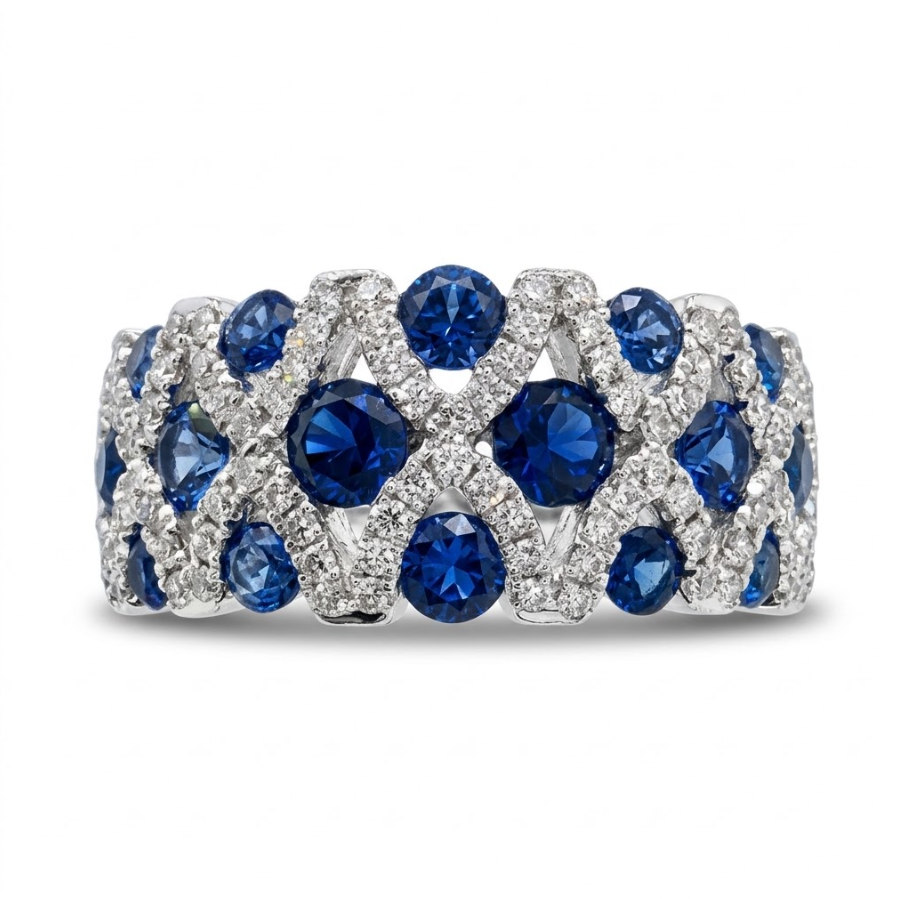 Lab-Grown Sapphire & Diamond Band | 14K White Gold | 1.74 ct Blue Sapphire & 0.50 ctw Diamond | Wide Statement Ring - Brownee Jewelers