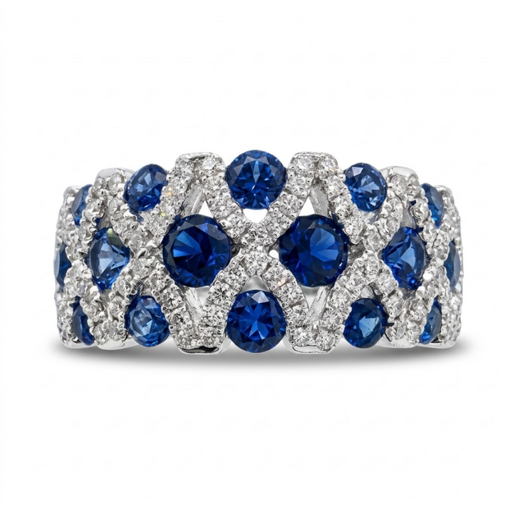 Lab-Grown Sapphire & Diamond Band | 14K White Gold | 1.74 ct Blue Sapphire & 0.50 ctw Diamond | Wide Statement Ring - Brownee Jewelers