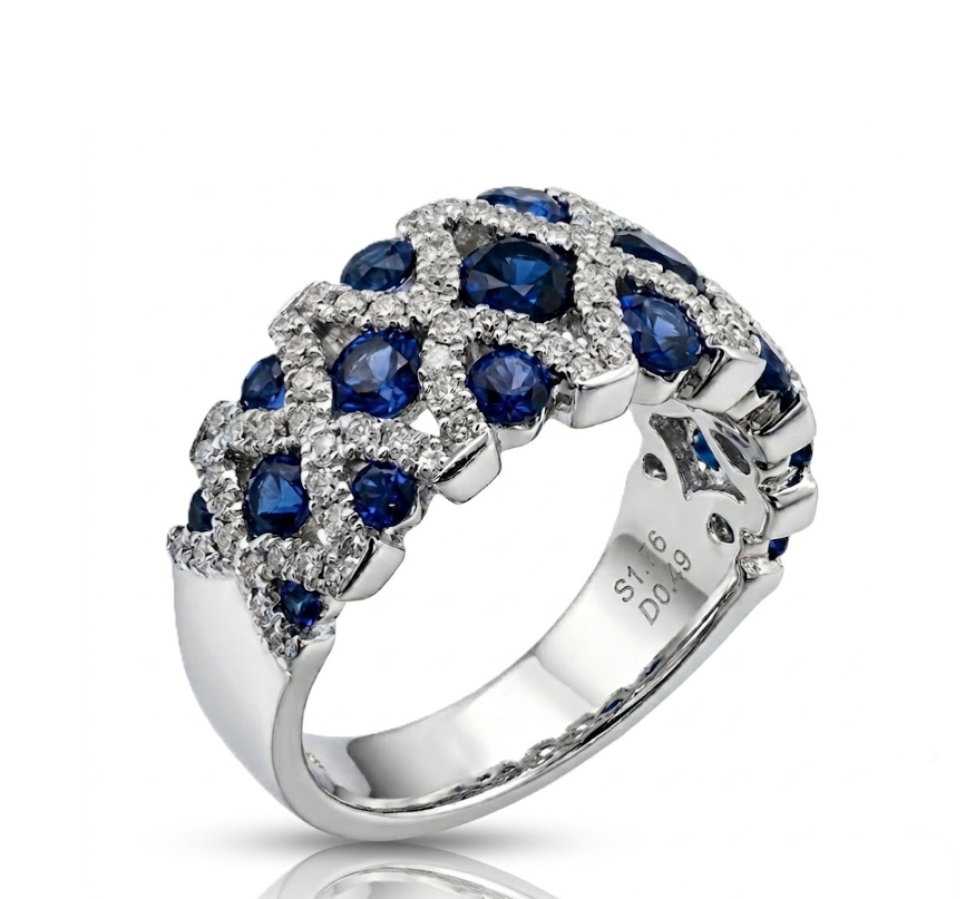 Lab-Grown Sapphire & Diamond Band | 14K White Gold | 1.74 ct Blue Sapphire & 0.50 ctw Diamond | Wide Statement Ring - Brownee Jewelers