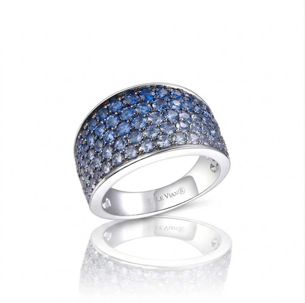 Ombre Blue Sapphire Band | 14K White Gold | Pavé Sapphire Ring | TRBI 1530 - Brownee Jewelers