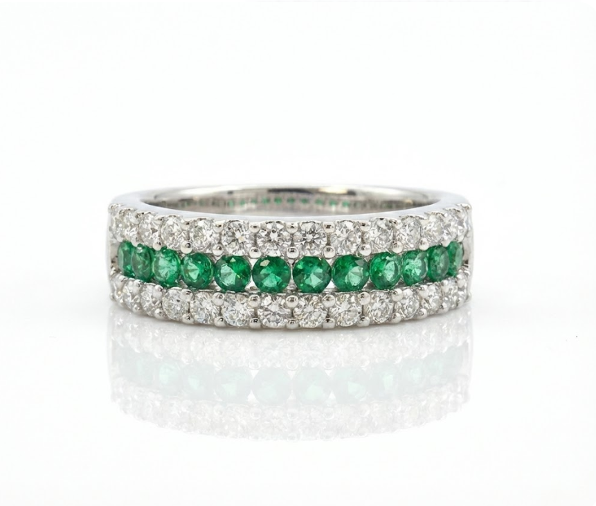 Emerald & Lab-Grown Diamond Three-Row Band | 10K White Gold | 0.85 ctw | Stackable Ring - Brownee Jewelers