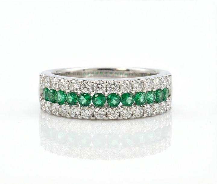 Emerald & Lab-Grown Diamond Three-Row Band | 10K White Gold | 0.85 ctw | Stackable Ring - Brownee Jewelers