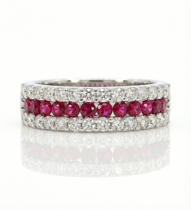 Ruby & Lab-Grown Diamond Three-Row Band | 10K White Gold | 1.00 ctw | Stackable Ring - Brownee Jewelers