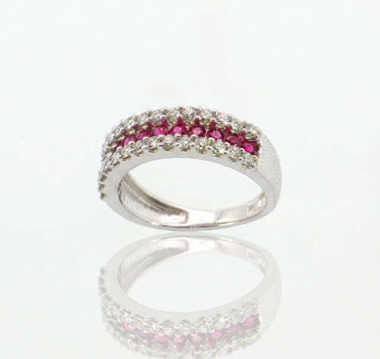 Ruby & Lab-Grown Diamond Three-Row Band | 10K White Gold | 1.00 ctw | Stackable Ring - Brownee Jewelers