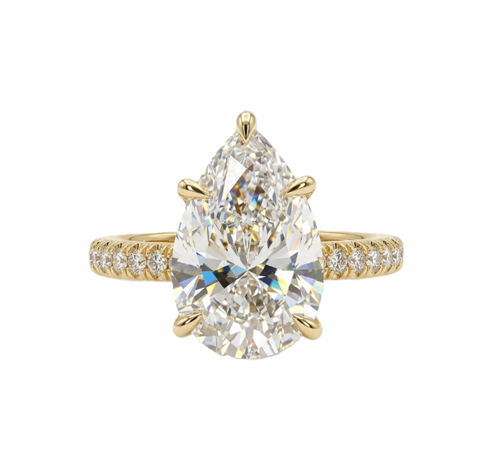 Lab-Grown Pear Diamond Engagement Ring | 14K Yellow Gold | 4.00 ct Pear Center | Pavé Diamond Band - Brownee Jewelers