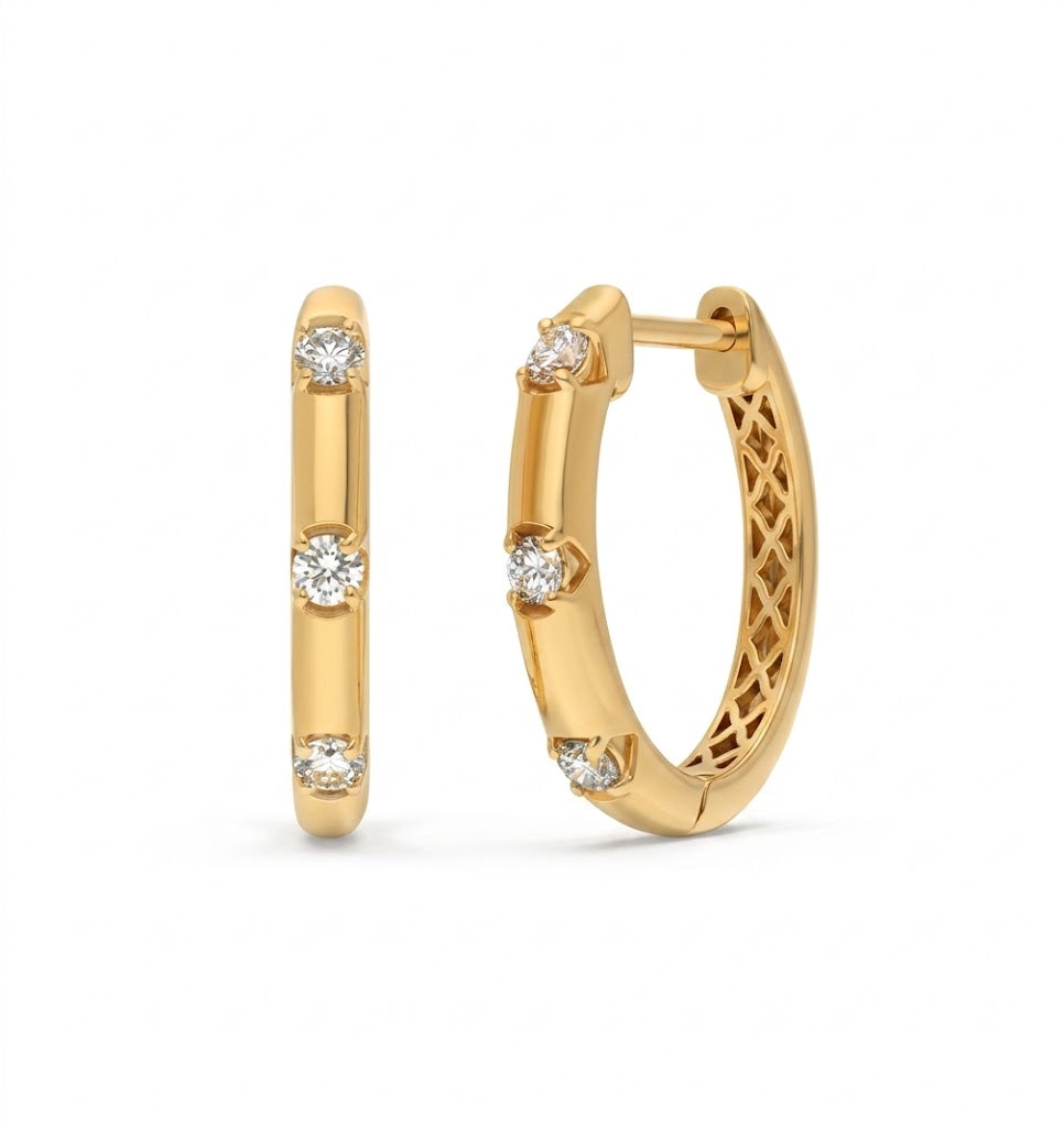 Oval Diamond Hoop Earrings | 14K Yellow Gold | 0.35 ctw | Bezel-Set Round Diamonds - Brownee Jewelers