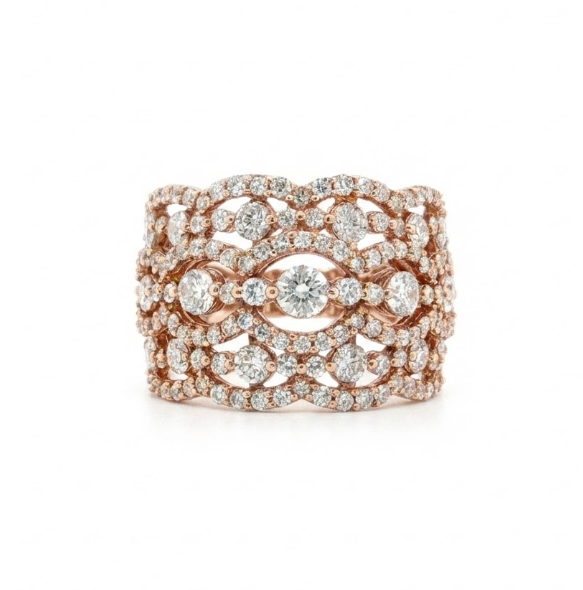 Scalloped Diamond Statement Ring | Round Diamonds | 10K Rose Gold Wide Band - Brownee Jewelers