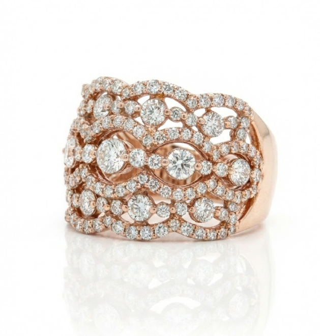 Scalloped Diamond Statement Ring | Round Diamonds | 10K Rose Gold Wide Band - Brownee Jewelers