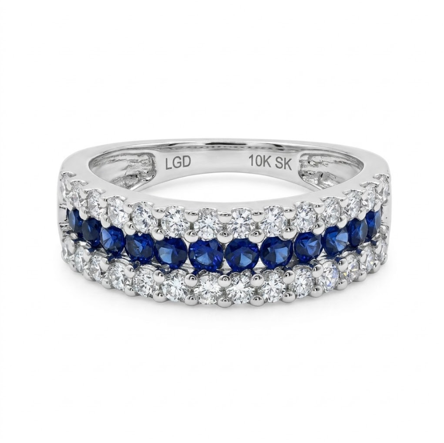 Round Lab Diamond & Sapphire Band | 10K White Gold | .50 ctw Lab Diamonds & .50 ctw Round Sapphires | Three-Row Design - Brownee Jewelers
