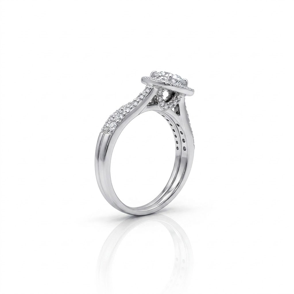 Cushion Cut Diamond Halo Bridal Set | 14K White Gold | 0.62 CT Center Diamond | Bridal Ring Set | JAGi22074009 - Brownee Jewelers