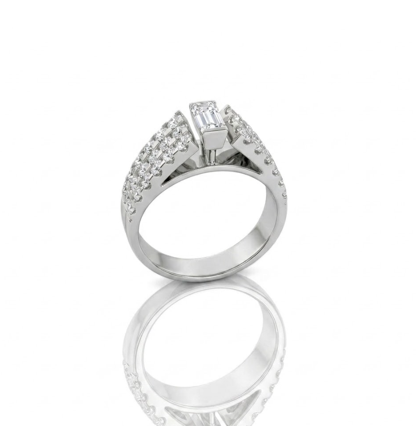 Baguette Diamond Ring | 14K White Gold | 0.50 CT Baguette Center Diamond | Pavé Diamond Statement Ring - Brownee Jewelers