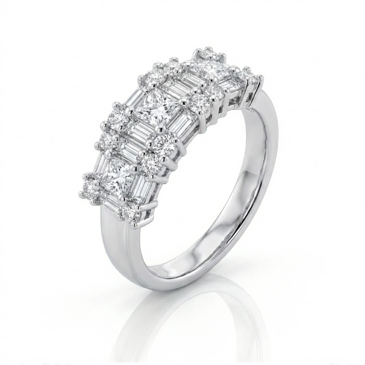 Mixed Shape Diamond Ring | 14K White Gold | Princess, Baguette & Round Diamond Fashion Ring - Brownee Jewelers
