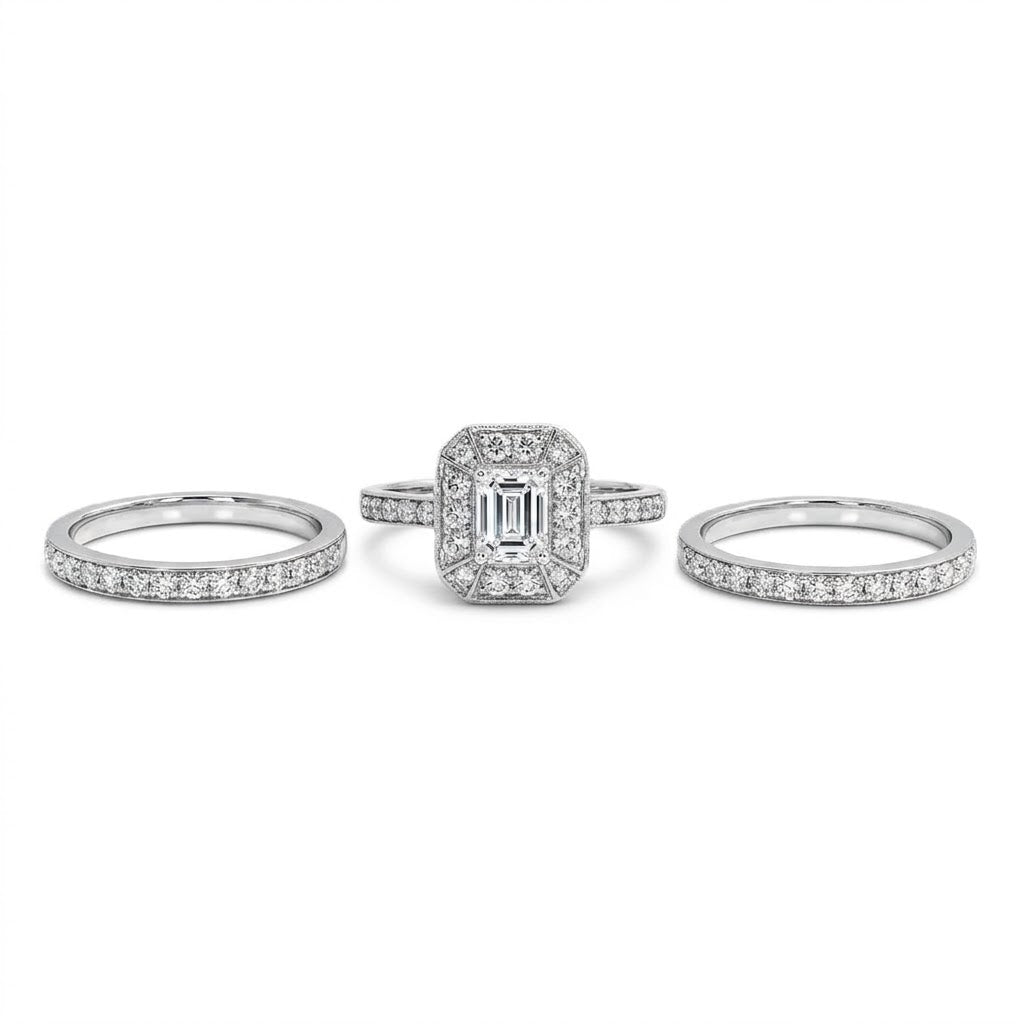 Emerald-Cut Diamond Bridal Set | 14K White Gold | Engagement Ring & Wedding Band Set | 0.49 CT Emerald-Cut Diamond Center | Halo & Pavé Diamond Accents - Brownee Jewelers