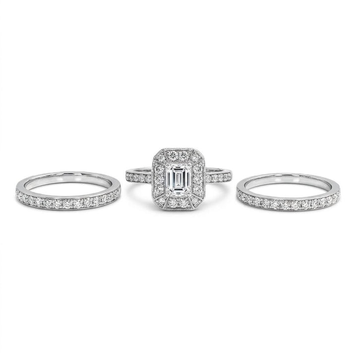 Emerald-Cut Diamond Bridal Set | 14K White Gold | Engagement Ring & Wedding Band Set | 0.49 CT Emerald-Cut Diamond Center | Halo & Pavé Diamond Accents - Brownee Jewelers