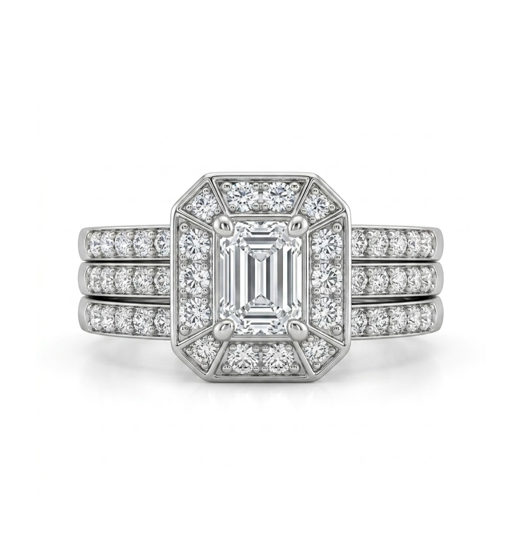 Emerald-Cut Diamond Bridal Set | 14K White Gold | Engagement Ring & Wedding Band Set | 0.49 CT Emerald-Cut Diamond Center | Halo & Pavé Diamond Accents - Brownee Jewelers
