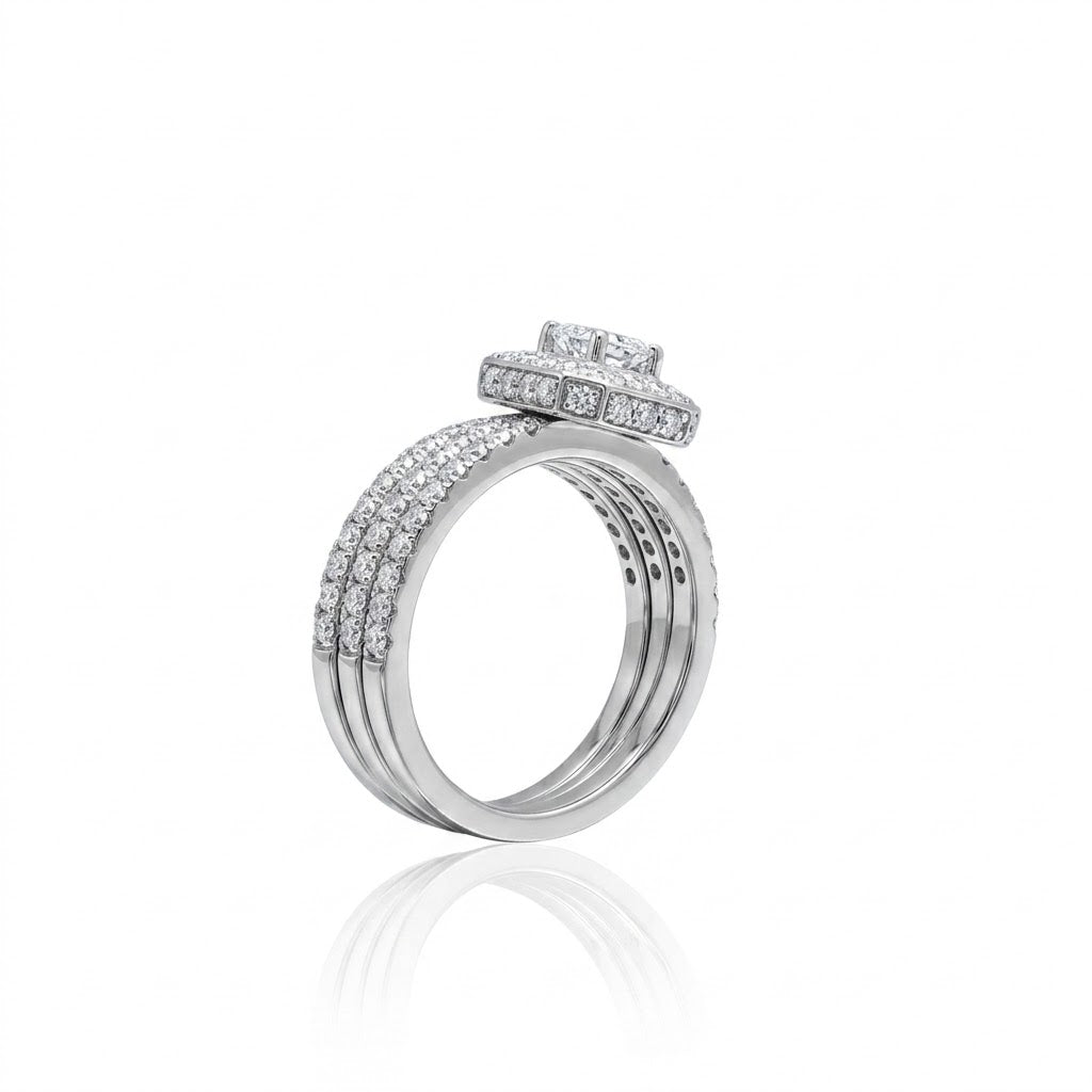 Emerald-Cut Diamond Bridal Set | 14K White Gold | Engagement Ring & Wedding Band Set | 0.49 CT Emerald-Cut Diamond Center | Halo & Pavé Diamond Accents - Brownee Jewelers