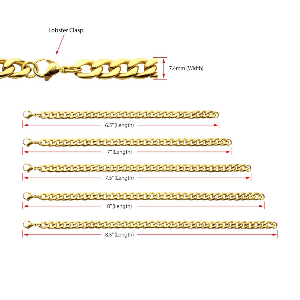  7.4mm 18Kt Gold IP Titanium Curb Chain Bracelet