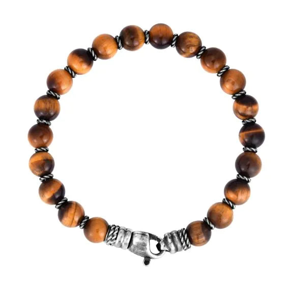 Tiger Eye Bead Bracelet | Sterling Silver | Men's Bracelet | 7.5mm Tiger Eye Beads | Polished Finish | 8.25 Inches | Lobster Clasp - Brownee Jewelers