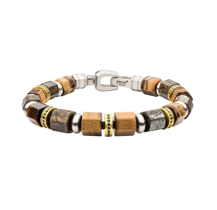 Bushido Tiger Eye & Bronzite Bead Bracelet | Bushido | Stainless Steel | Black Sapphire Accents | 8mm Beads | Musashi Collection - Brownee Jewelers