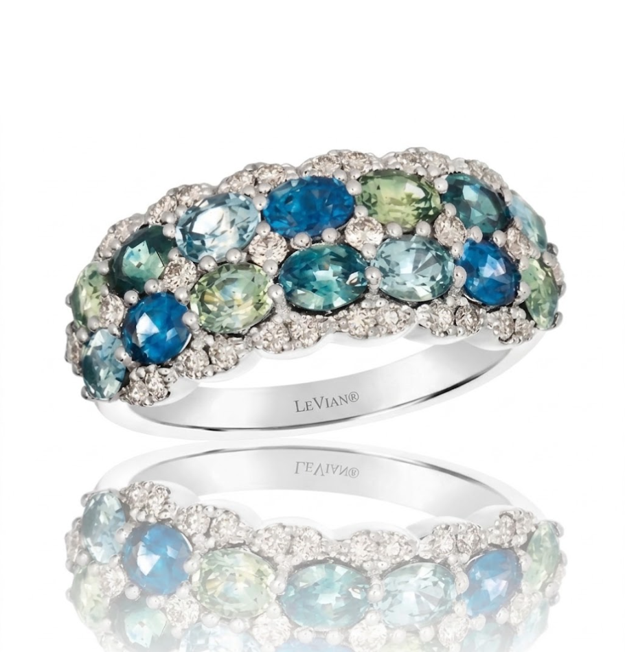 Ombre Sapphire & Diamond Band Ring | 2.80 ct Blue & Green Sapphires | 0.40 ct Diamonds | 14K White Gold - Brownee Jewelers