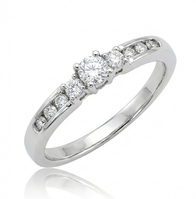 Round Diamond Three-Stone Ring | 10K White Gold | Classic Diamond Band - Brownee Jewelers