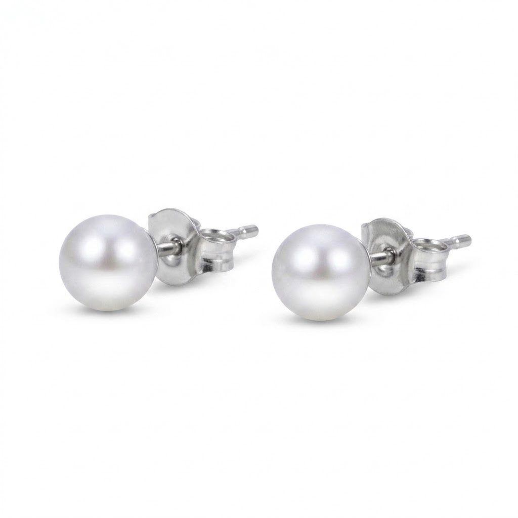 Freshwater Cultured Pearl Stud Earrings | Sterling Silver | 4mm Round Pearl | Classic Post Earrings | 627524/FW - Brownee Jewelers