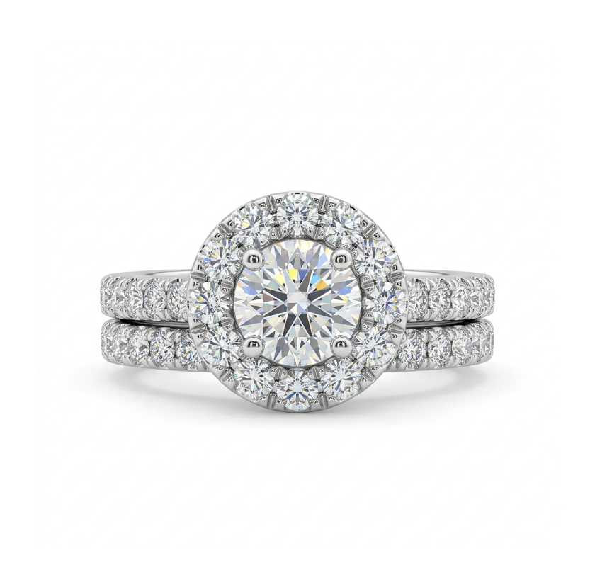 Round Lab-Grown Diamond Halo Bridal Ring Set | 14K White Gold | Engagement Ring Set | 0.51 ct Center - Brownee Jewelers