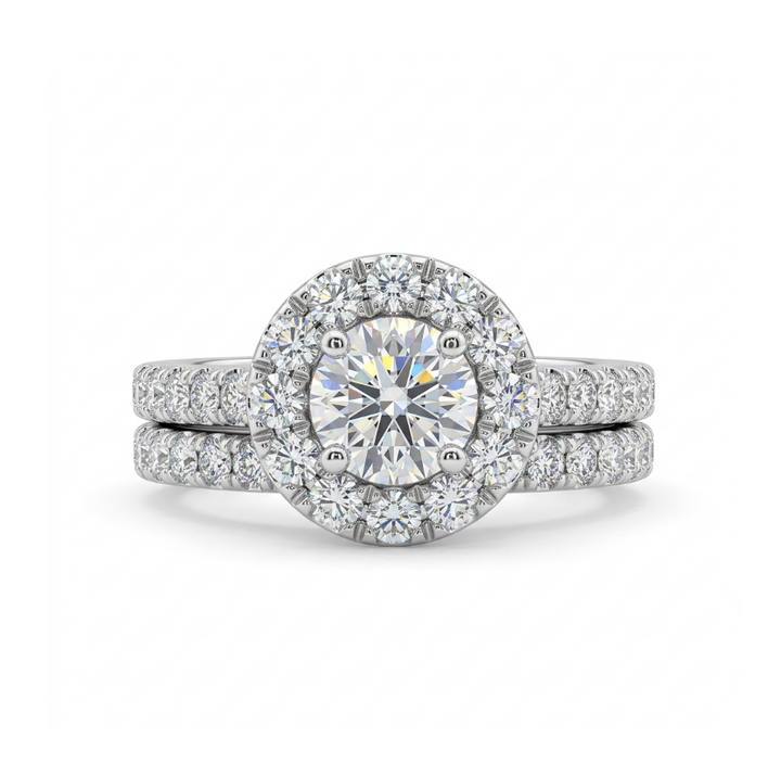 Round Lab-Grown Diamond Halo Bridal Ring Set | 14K White Gold | Engagement Ring Set | 0.51 ct Center - Brownee Jewelers