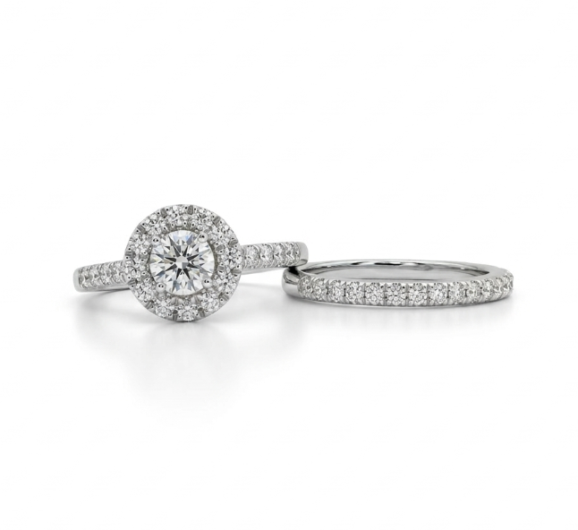 Round Lab-Grown Diamond Halo Bridal Ring Set | 14K White Gold | Engagement Ring Set | 0.51 ct Center - Brownee Jewelers