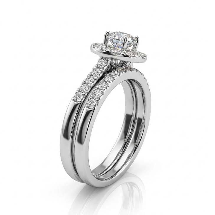 Round Lab-Grown Diamond Halo Bridal Ring Set | 14K White Gold | Engagement Ring Set | 0.51 ct Center - Brownee Jewelers