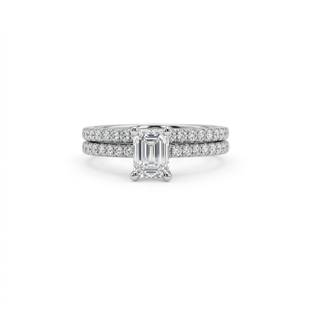 14 Karat White Gold Bridal Ring Set; Engagement Ring with a Center Emerald-Cut Lab-Grown Diamond with Round Lab-Grown Diamond Accents and Wedding Band with 21 Round Lab-Grown Diamonds