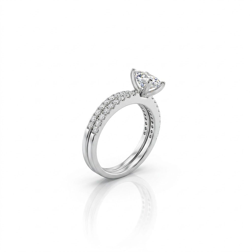 14 Karat White Gold Bridal Ring Set; Engagement Ring with a Center Emerald-Cut Lab-Grown Diamond with Round Lab-Grown Diamond Accents and Wedding Band with 21 Round Lab-Grown Diamonds