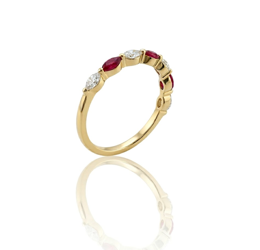 Marquise Ruby & Lab-Grown Diamond Band | 0.20 ct Rubies | 0.10 ctw Diamonds | 10K Yellow Gold - Brownee Jewelers