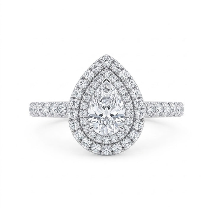 Pear-Shaped Diamond Halo Ring | 14K White Gold | 0.33 CT Pear-Shaped Diamond | Round Diamond Halo | Pavé Diamond Band - Brownee Jewelers