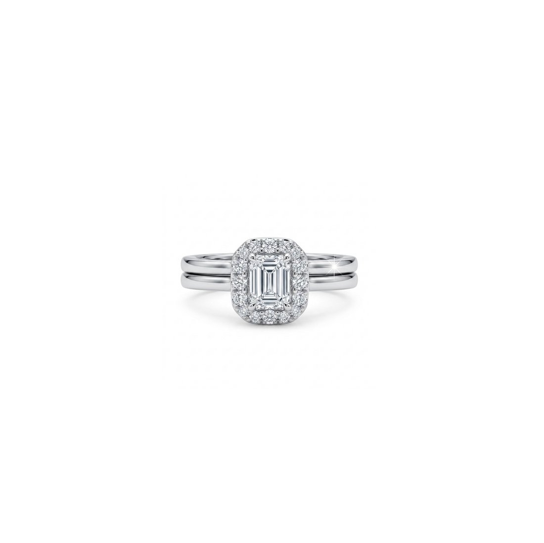 Emerald-Cut Diamond Bridal Set | 14K White Gold | Engagement Ring & Wedding Band Set | 0.37 CT Emerald-Cut Diamond Center | Halo Diamond Accents - Brownee Jewelers