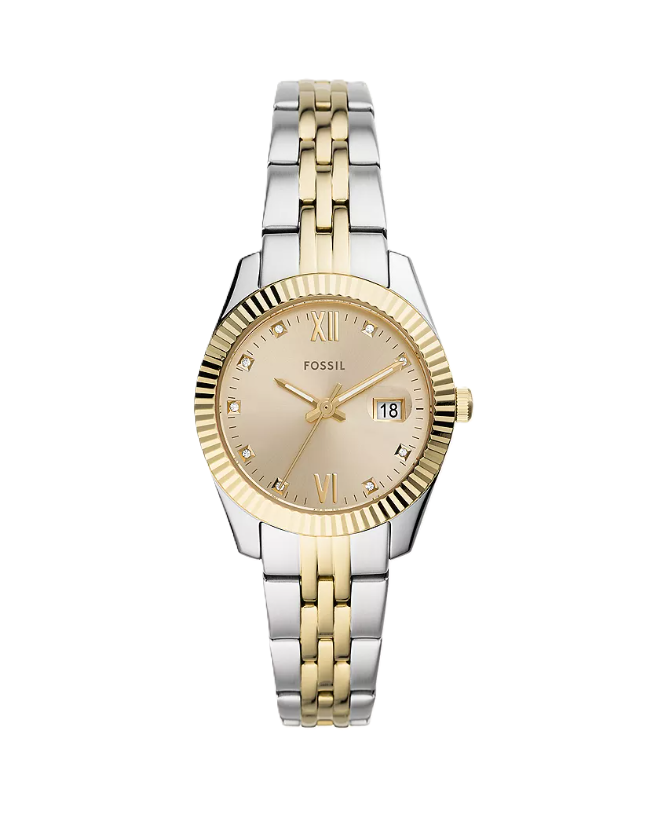 Scarlette Three-Hand Date Watch | Fossil | Two-Tone Stainless Steel | Champagne Dial | Fluted Bezel - Brownee Jewelers