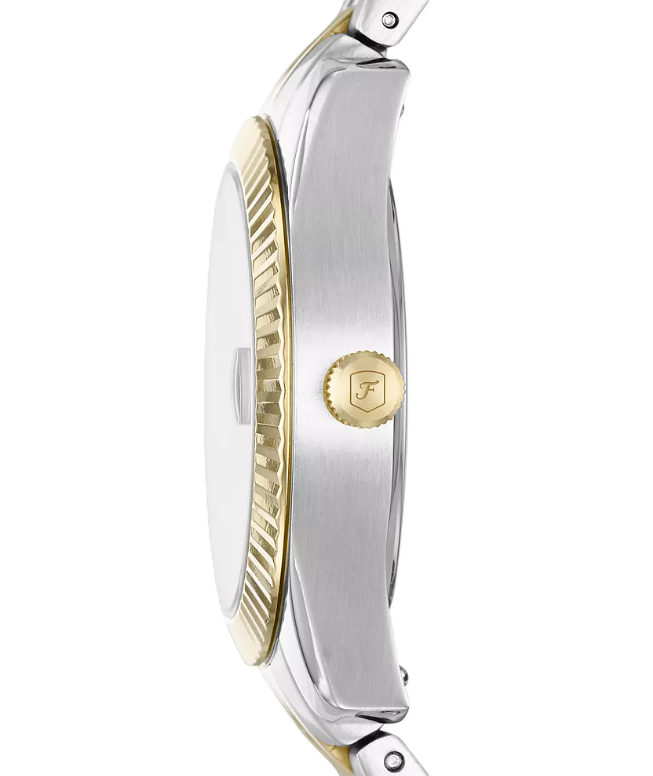 Scarlette Three-Hand Date Watch | Fossil | Two-Tone Stainless Steel | Champagne Dial | Fluted Bezel - Brownee Jewelers
