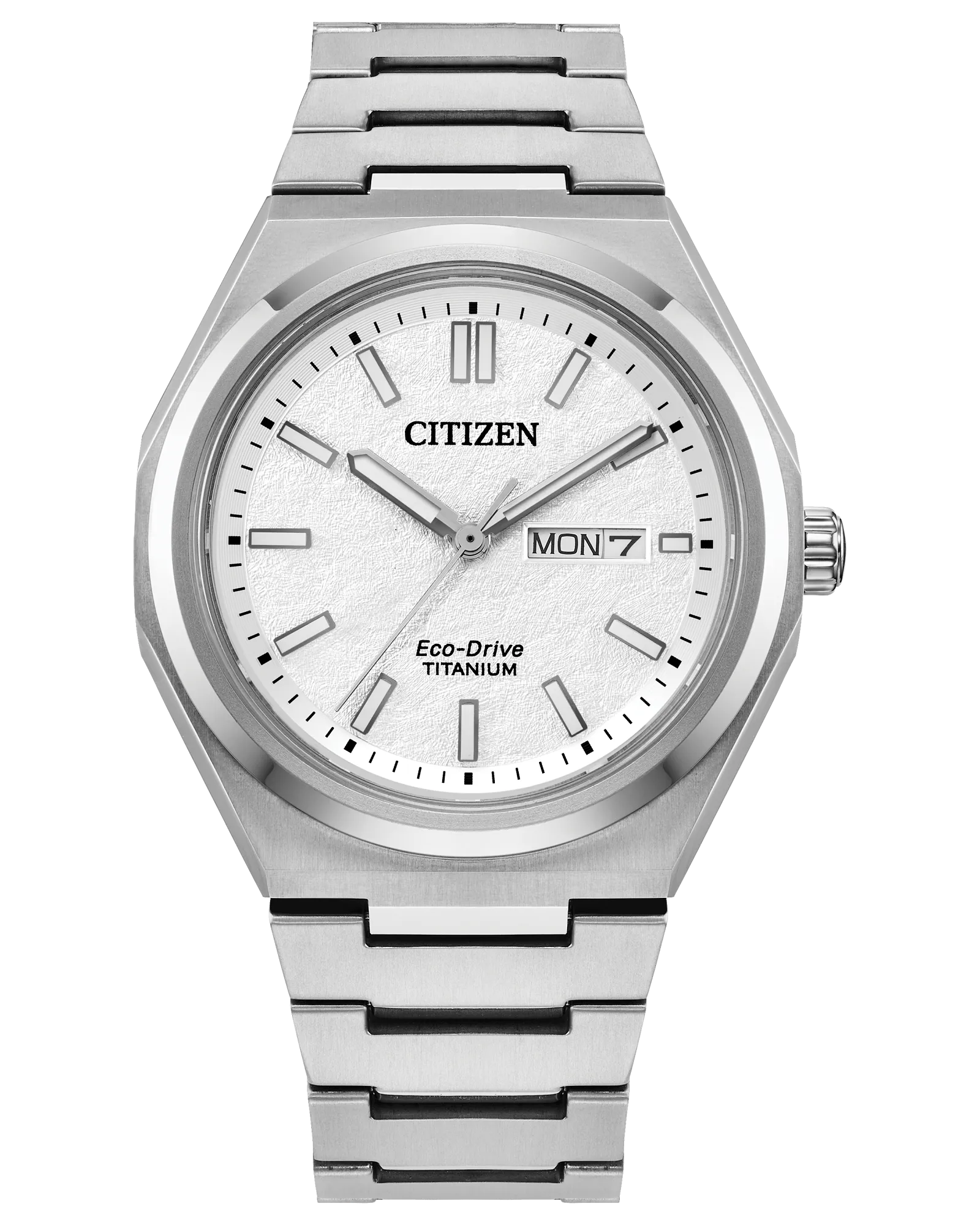 Zenshin Three-Hand | Citizen Eco-Drive Watch | Titanium | White Dial Day-Date | Integrated Bracelet WR100 - Brownee Jewelers