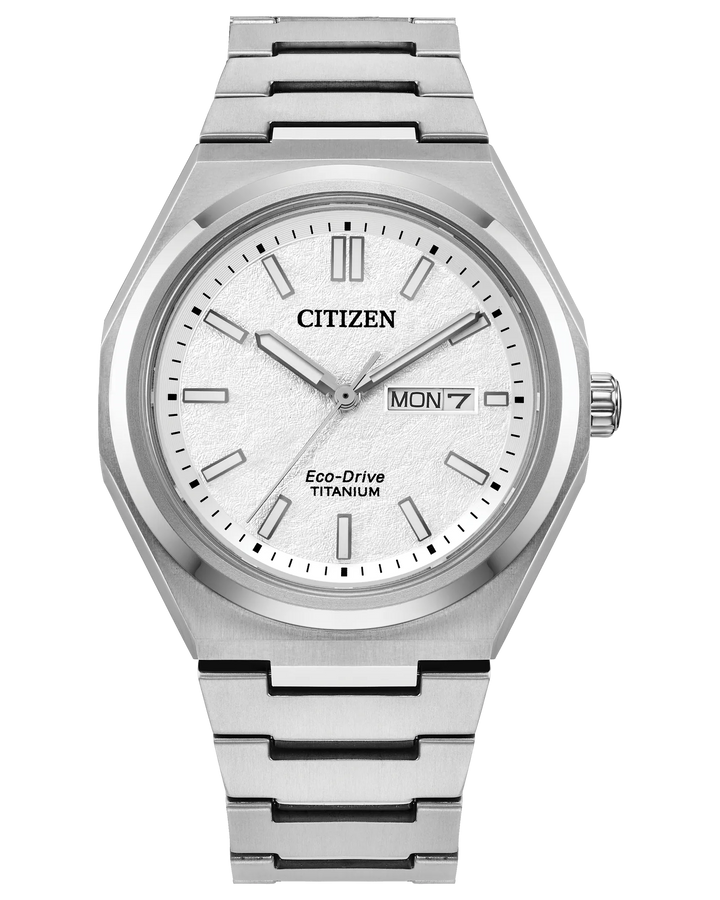 Zenshin Three-Hand | Citizen Eco-Drive Watch | Titanium | White Dial Day-Date | Integrated Bracelet WR100 - Brownee Jewelers