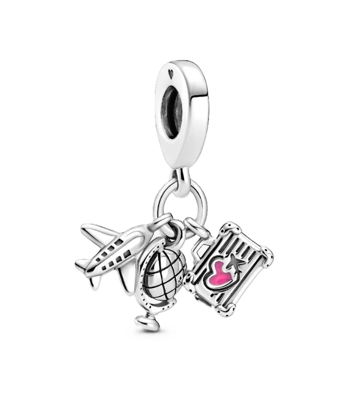 Pandora Airplane, Globe, and Suitcase with Pink Heart Enamel Accent Travel Dangle Charm in Sterling Silver