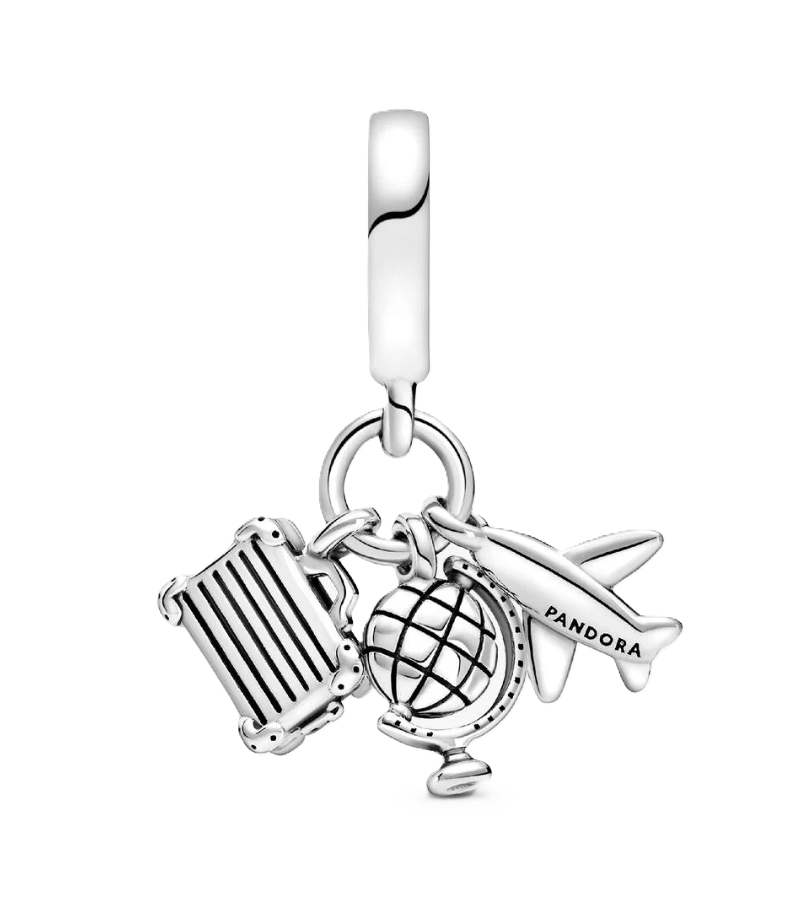 Pandora Airplane, Globe, and Suitcase with Pink Heart Enamel Accent Travel Dangle Charm in Sterling Silver