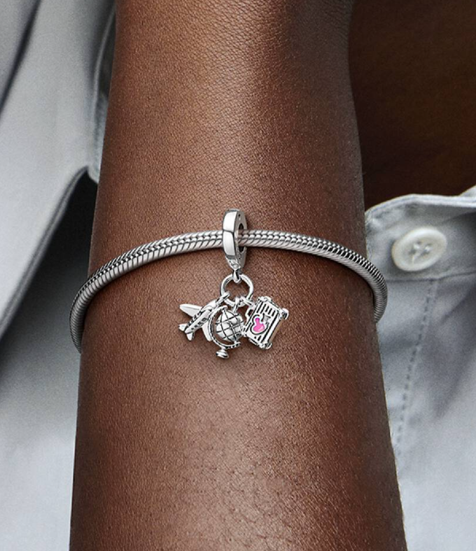 Pandora Airplane, Globe, and Suitcase with Pink Heart Enamel Accent Travel Dangle Charm in Sterling Silver
