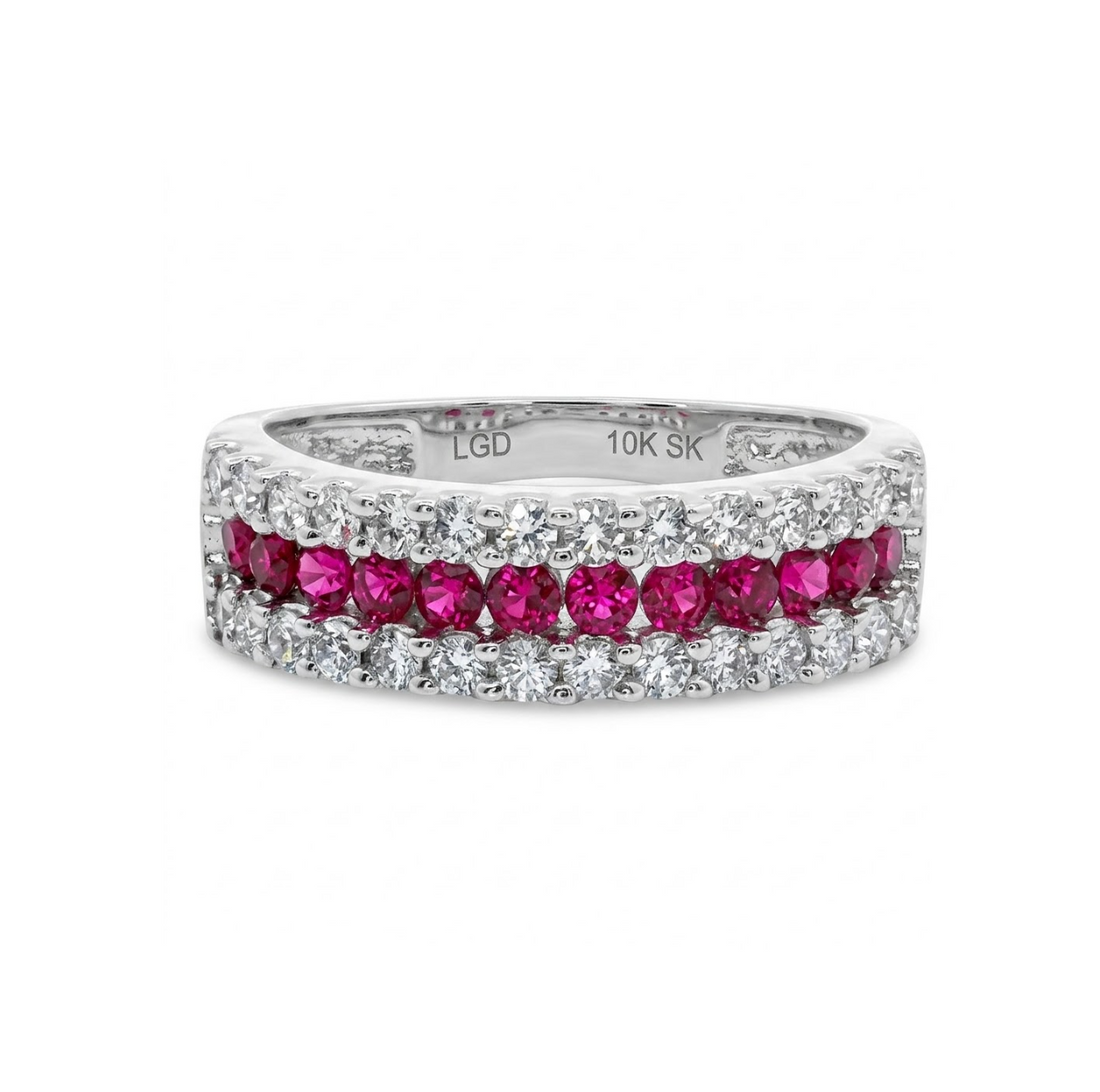 Ruby & Lab-Grown Diamond Three-Row Band | 10K White Gold | 1.00 ctw | Stackable Ring - Brownee Jewelers