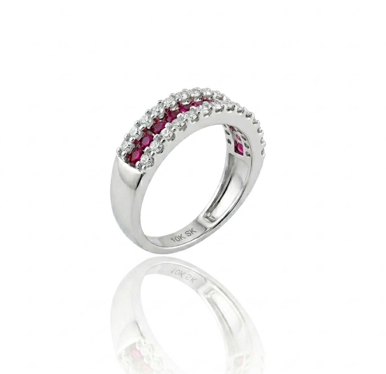 Ruby & Lab-Grown Diamond Three-Row Band | 10K White Gold | 1.00 ctw | Stackable Ring - Brownee Jewelers